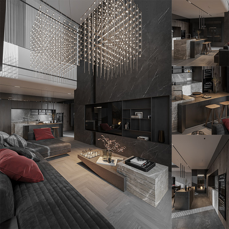 Living Room – Kitchen Interior Model Free Download