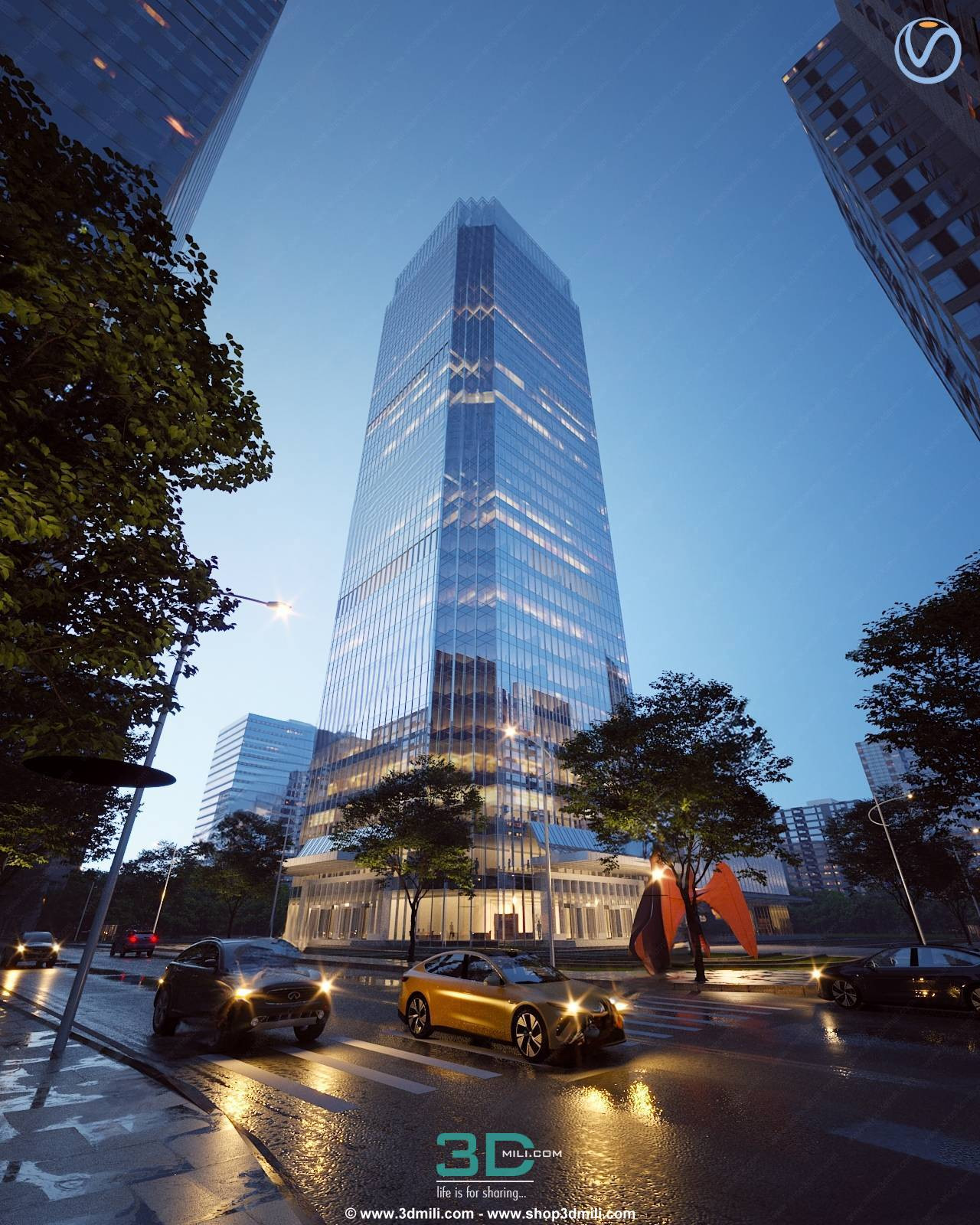 Glass Tower in the Heart of the City  3D Model Free Download