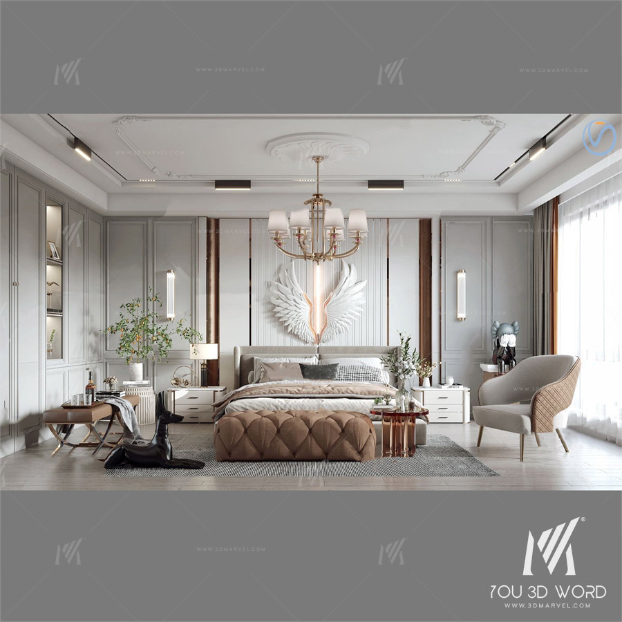 3D model of simple European bedroom master room Free Download