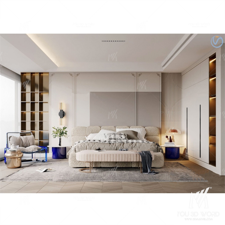 French Klein Blue Bedroom Master Room 3D Model Free Download