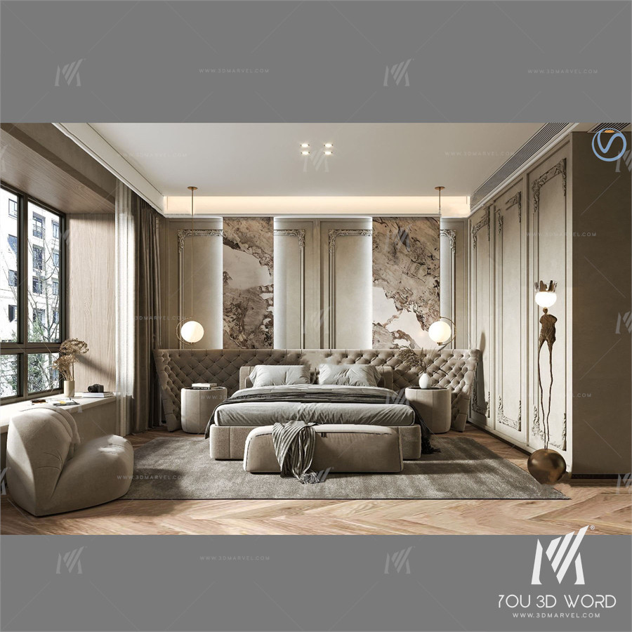 French bedroom master room 3D model Free Download 3