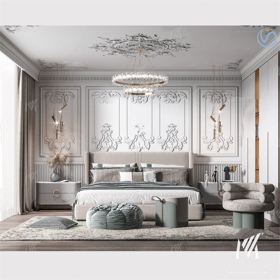 French light luxury bedroom 3D model Free Download