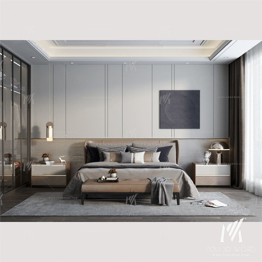 Modern light luxury bedroom 3d model Free Download 5