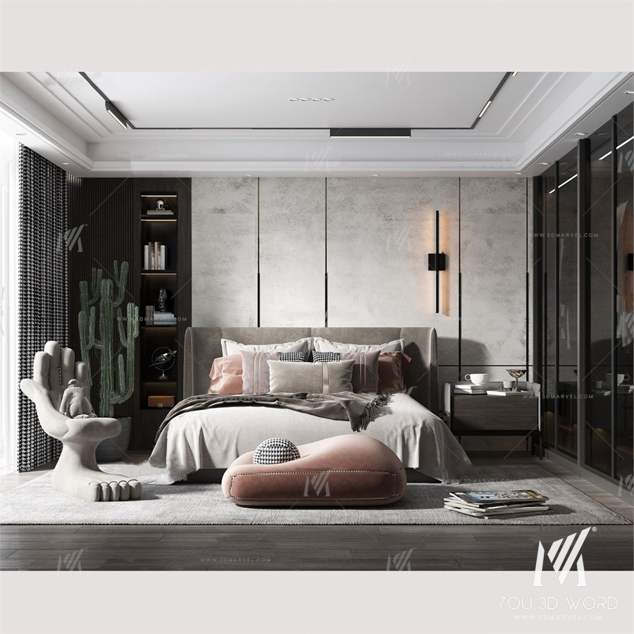 Modern minimalist bedroom 3d model Free Download 2