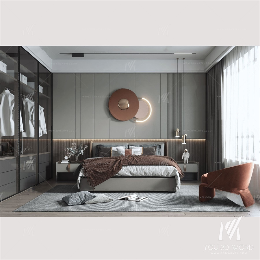 Modern minimalist bedroom 3d model Free Download