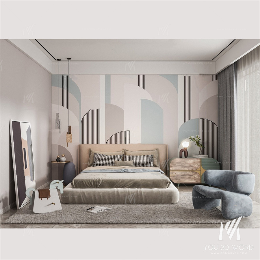 Nordic bedroom master room 3d model Free Download