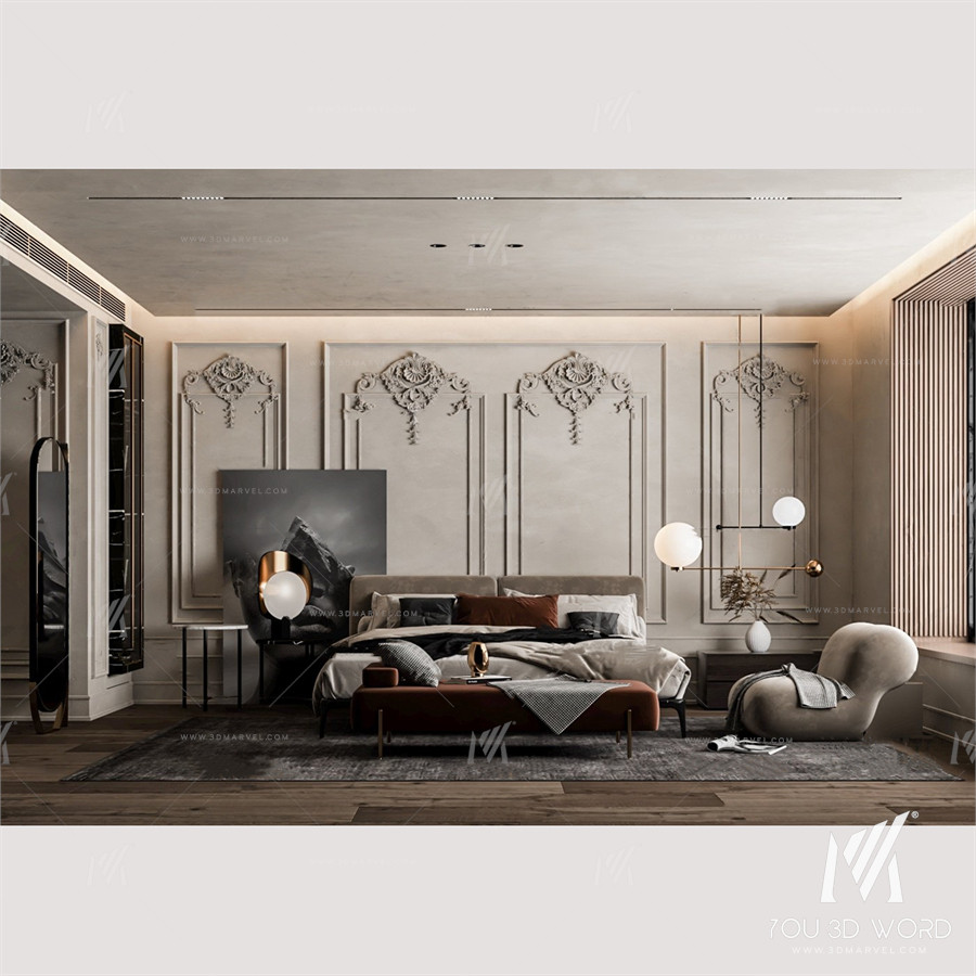 Simple European light luxury bedroom 3d model Free Download