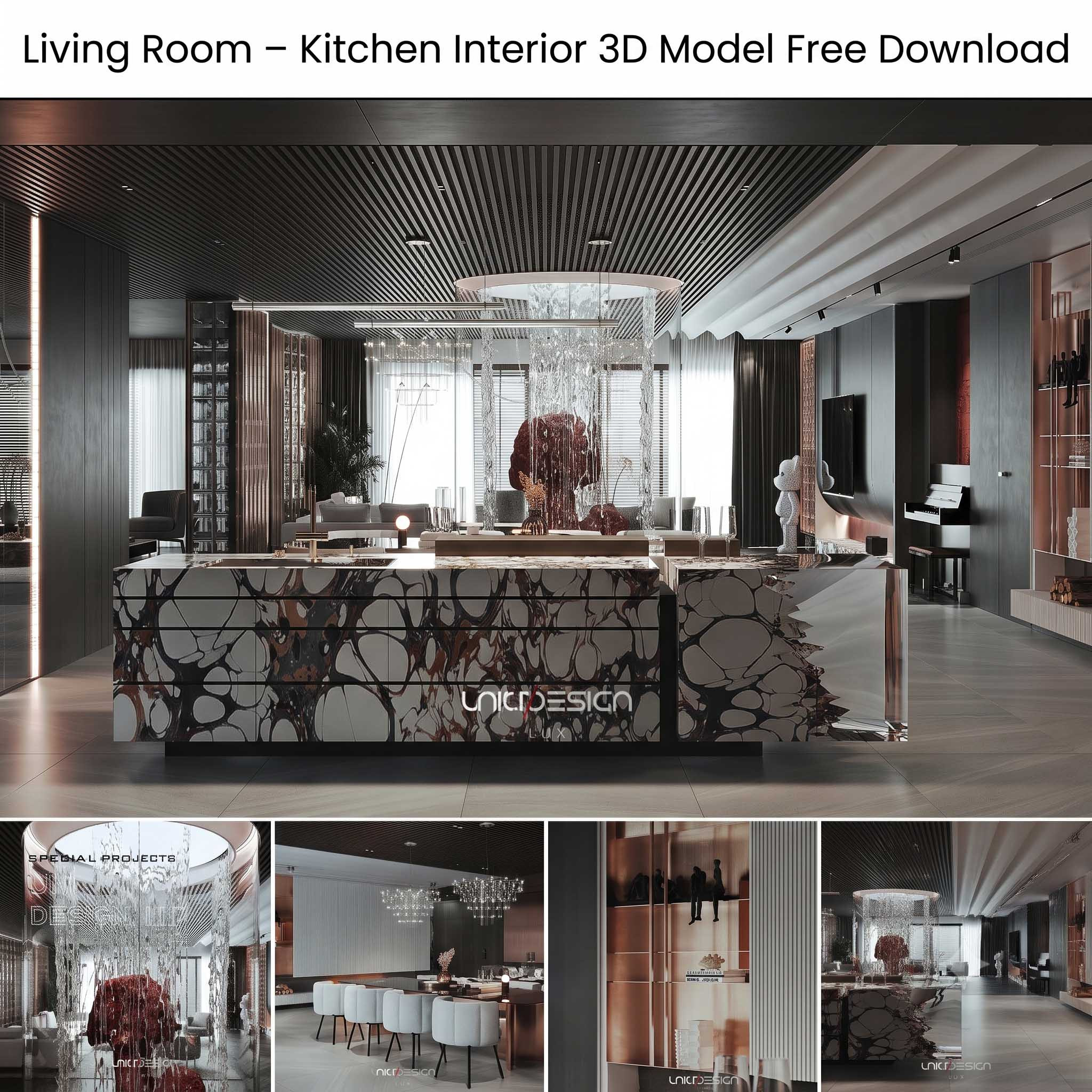 Living Room – Kitchen Interior 3D Model Download by Dinh Van Nam