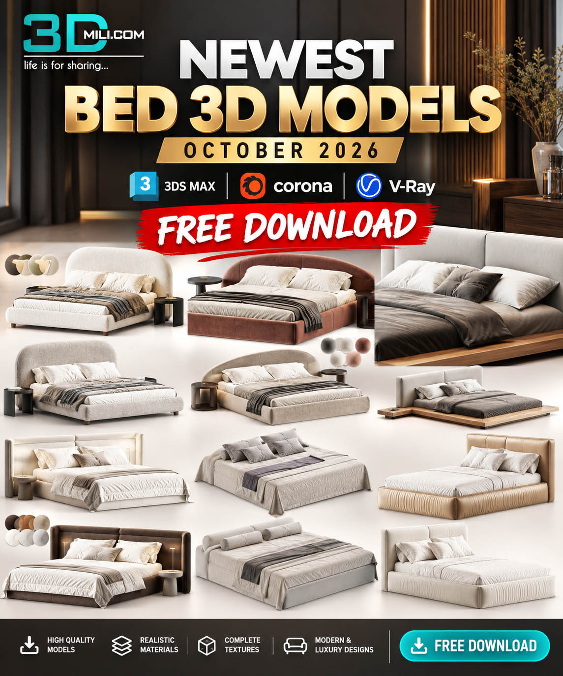 🔥 NEWEST BED 3D MODELS – OCTOBER 2026  3DS MAX + CORONA + VRAY  FREE DOWNLOAD